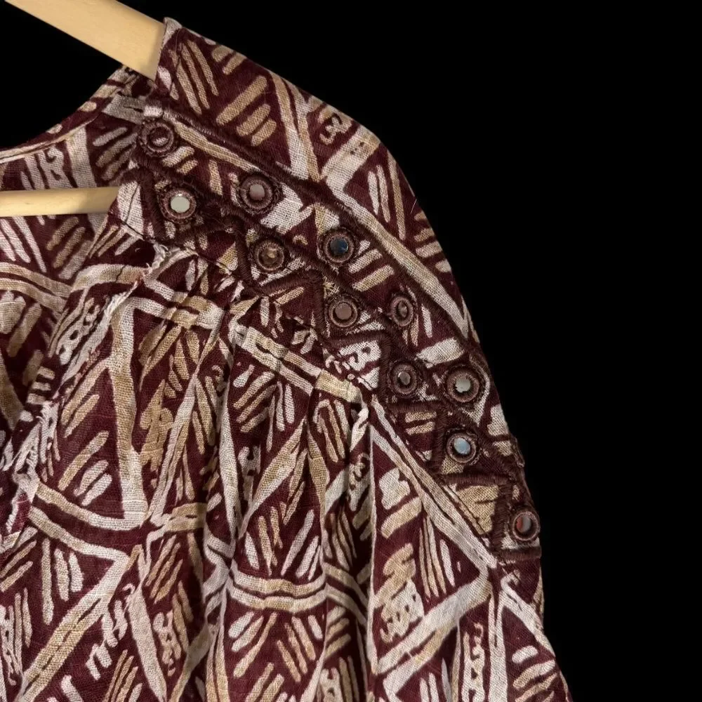 Free People Waverly‎ Women's Brown Batik Print Slouchy Crop Blouse Sz S